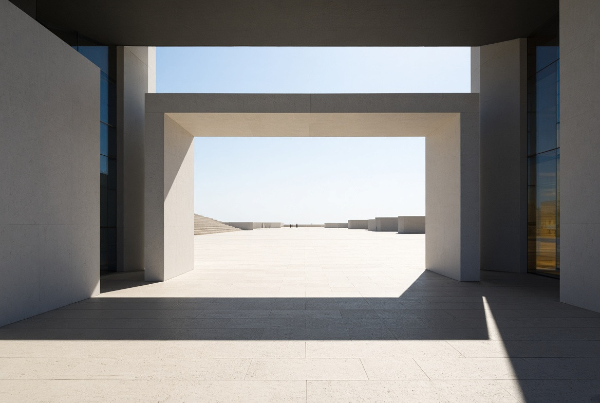 A fictional promenade opening into a bright court