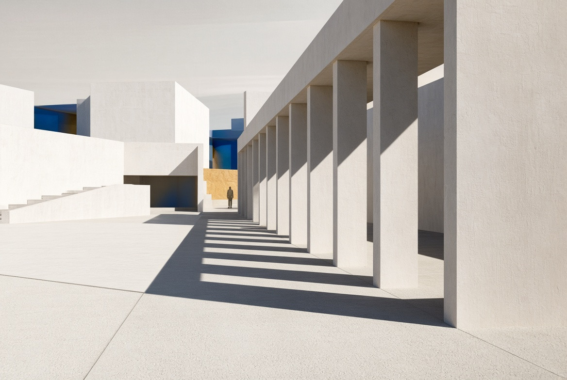 An alternate path threading through a pale colonnade