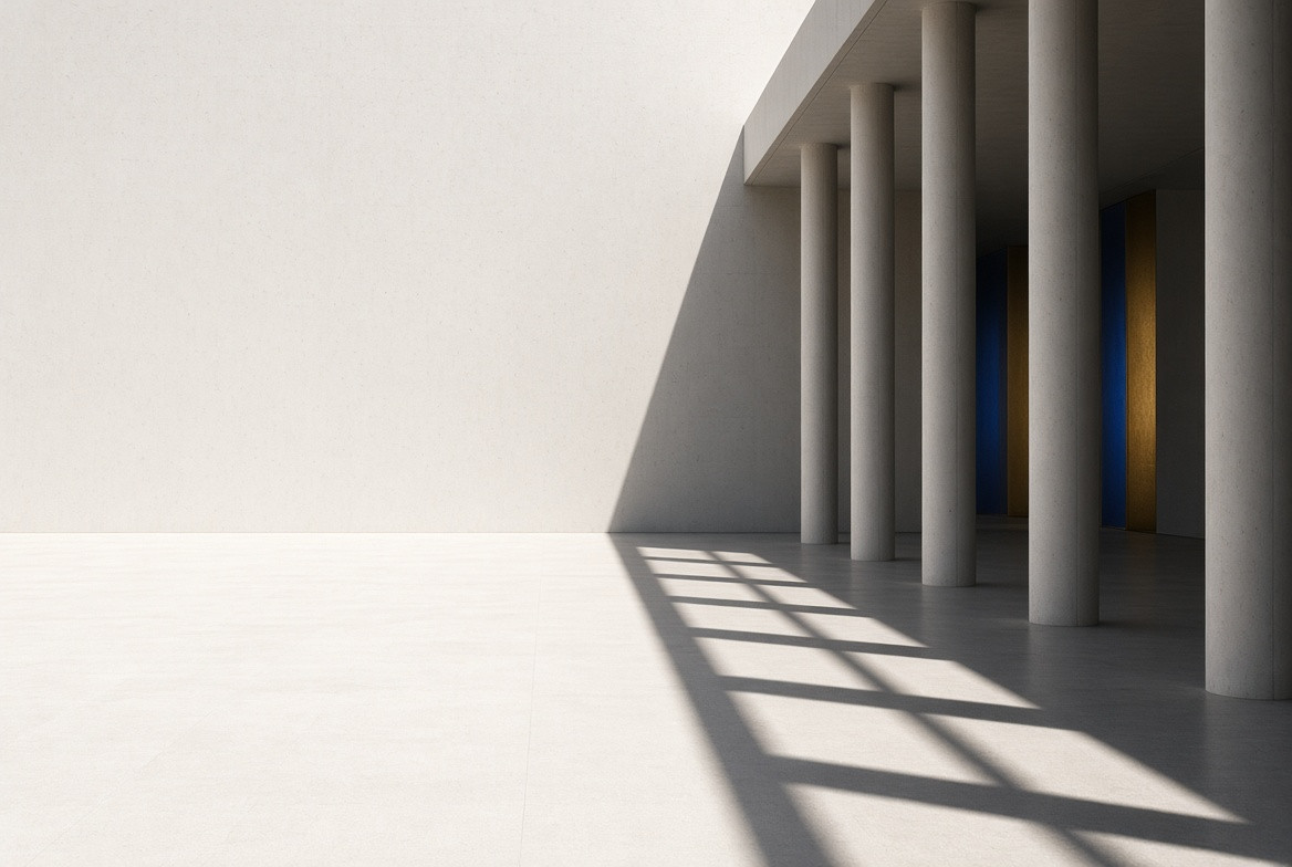 A wide colonnade with crossing shadows and open sun-white space