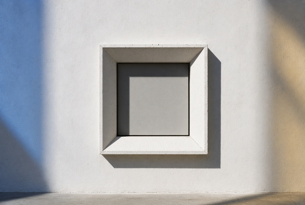 A sealed camera-like opening rendered as plain architecture