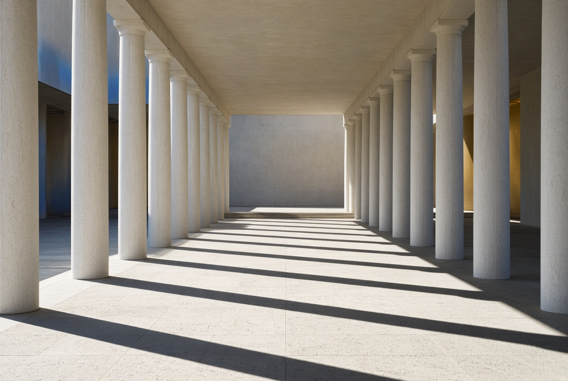 A calm external-link colonnade with a visible boundary